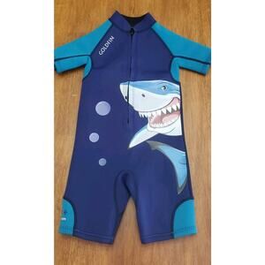 GOLDFIN Boy's Wetsuit Blue With Shark Print Size 4 Short Sl & Shorts SPF 50